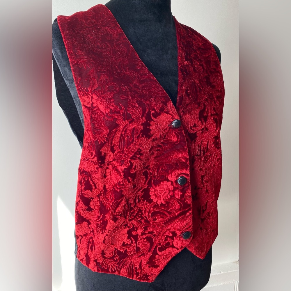 Vintage Red Burnout Velvet Vest Paisley Floral Button Front Gothic Holiday Boho